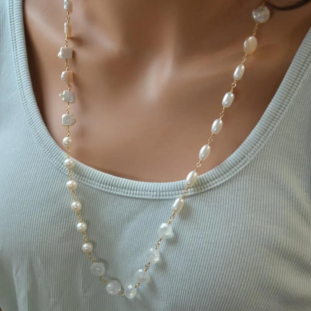 Long White Gemstone and Pearl Necklace in Gold - Picture 10 of 10